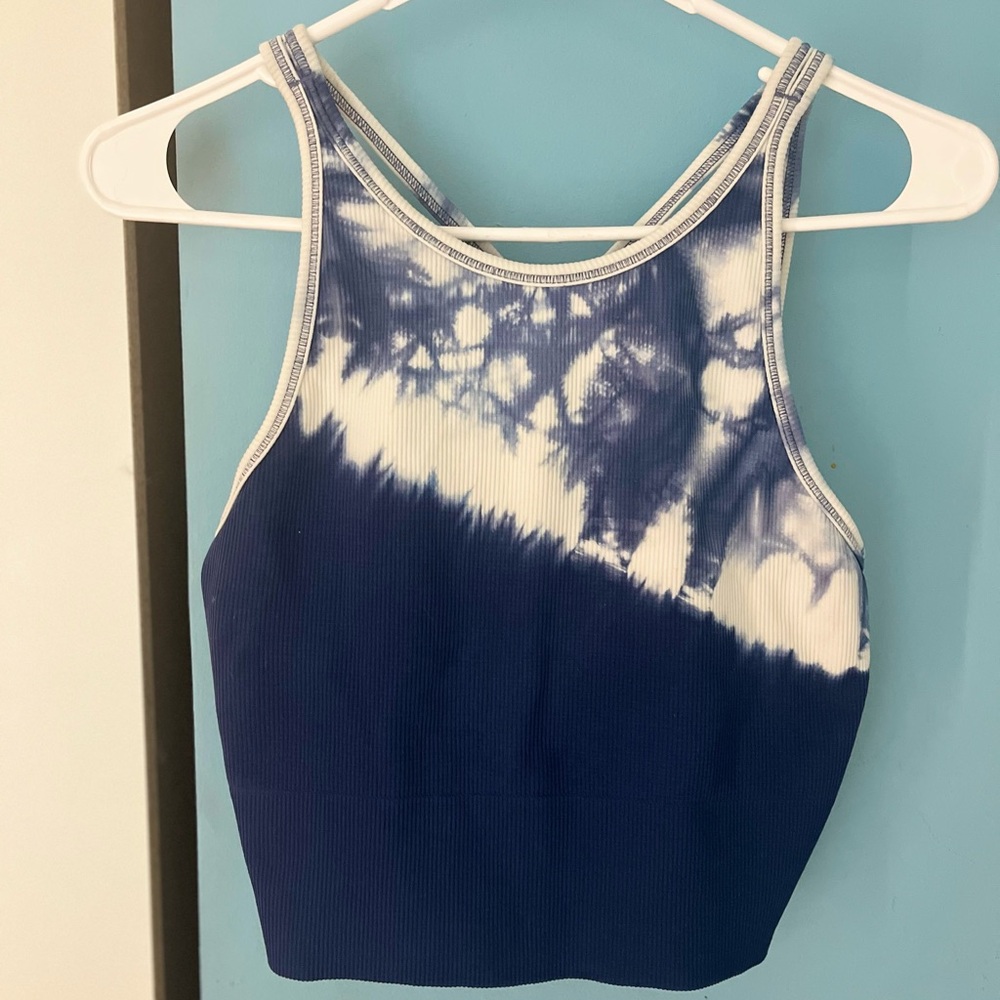 Athleta, medium, blue and tie dye cross-back athletic top.